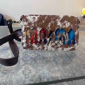 Brown and White Crossbody Bag with Colorful Lettering cowhide Leather L3 Designs